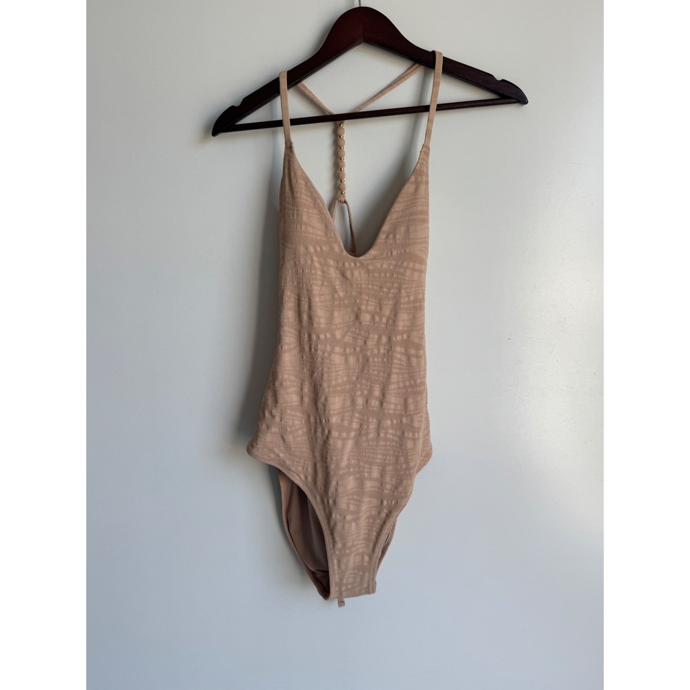 Aerie Real Good Tan Textured One Piece Swimsuit Beaded T-Back Deep V Open Back L